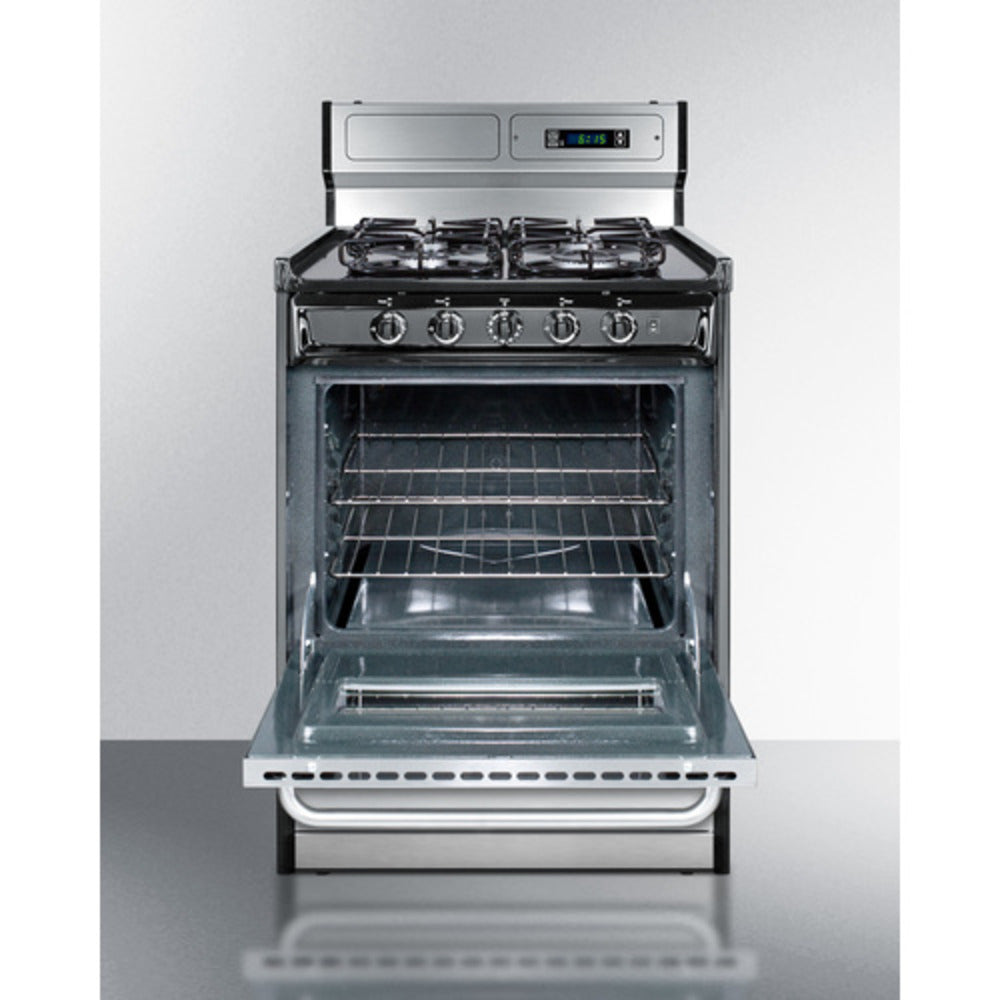 Summit Appliance 24" Stainless Steel/Black Finish 4-Sealed Burner Gas Range with 8" Backguard