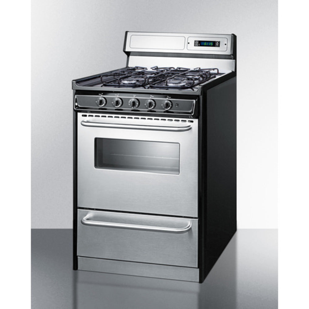 Summit Appliance 24" Stainless Steel/Black Finish 4-Sealed Burner Gas Range with 8" Backguard