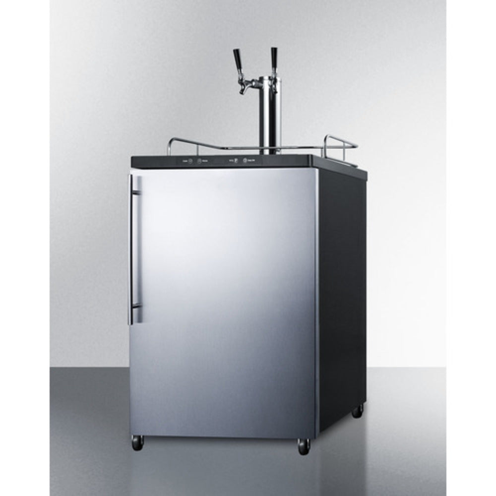 Summit Appliance 24" Stainless Steel/Black Finish Freestanding Dual Tap Kegerator with Profesional Handle