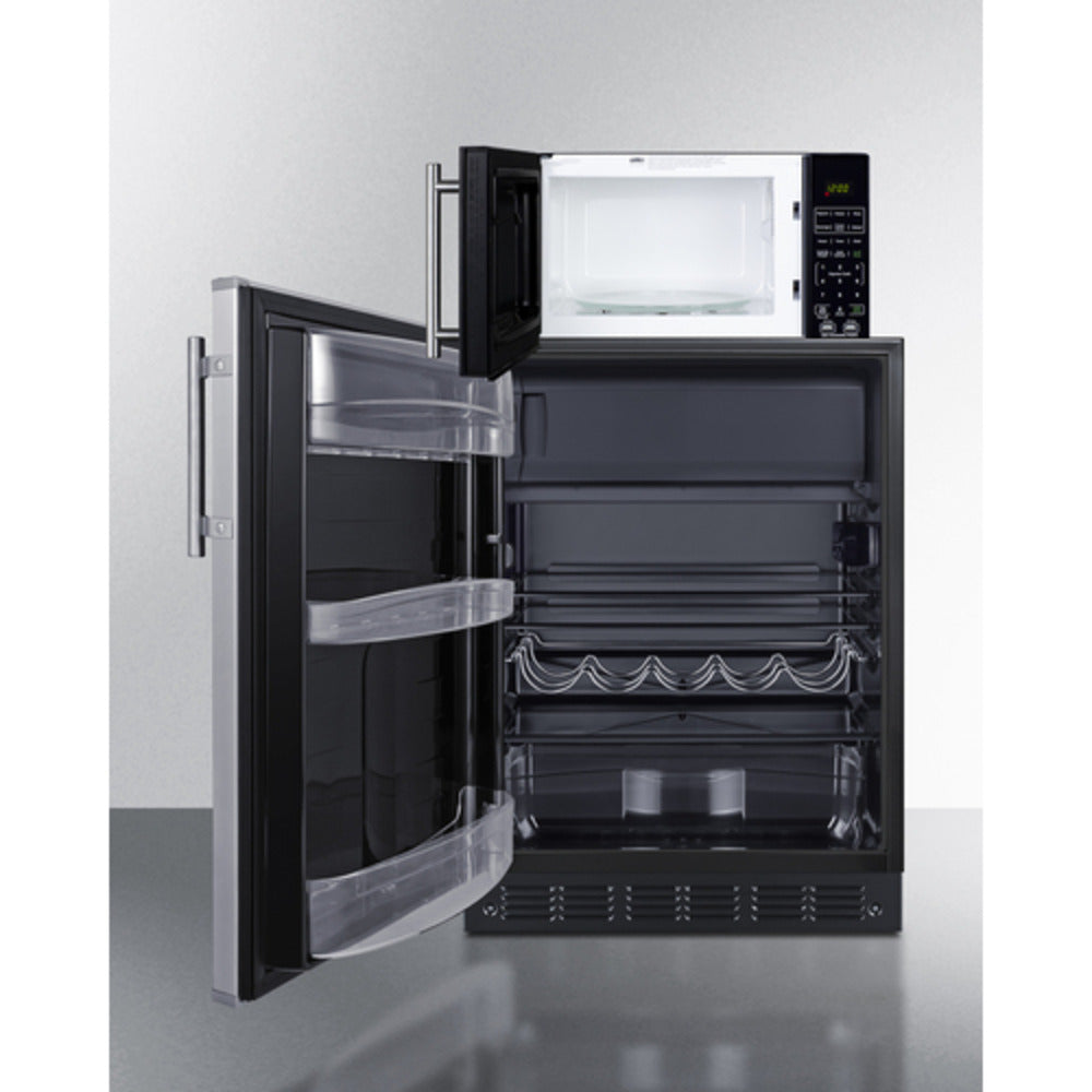 Summit Appliance 24" Stainless Steel/Black Finish Microwave and Refrigerator-Freezer Combo with Allocator - Left Door Handle