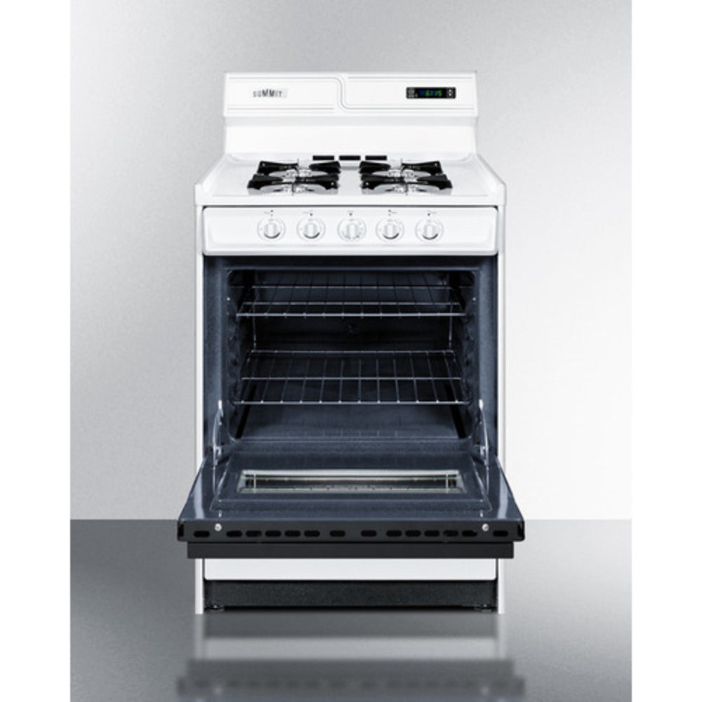 Summit Appliance 24" White Finish Natural Gas Range with Deluxe Backguard and Black Oven Door Window