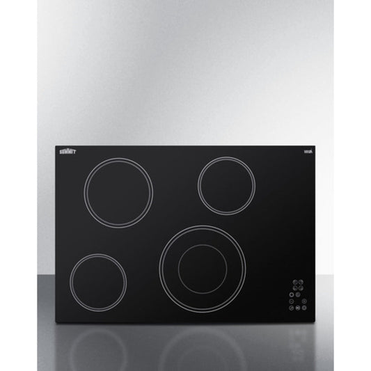 Summit Appliance 30" 208-240V Black Glass Finish 4-Burner Radiant Cooktop with Digital Touch Control