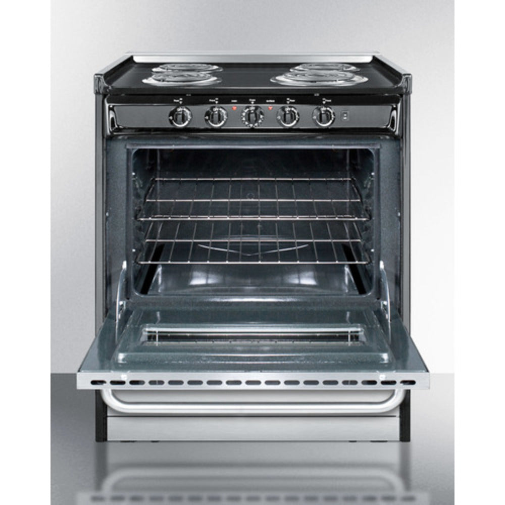 Summit Appliance 30" 220V Stainless Steel/Black Finish 4-Burner Electric Coil Range