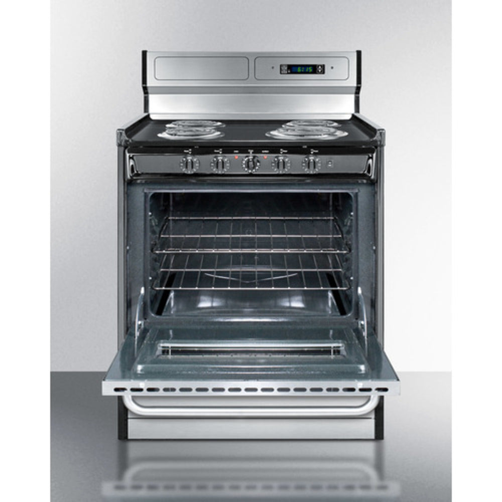 Summit Appliance 30" 220V Stainless Steel/Black Finish 4-Burner Electric Coil Range with 8" Backguard and Clock