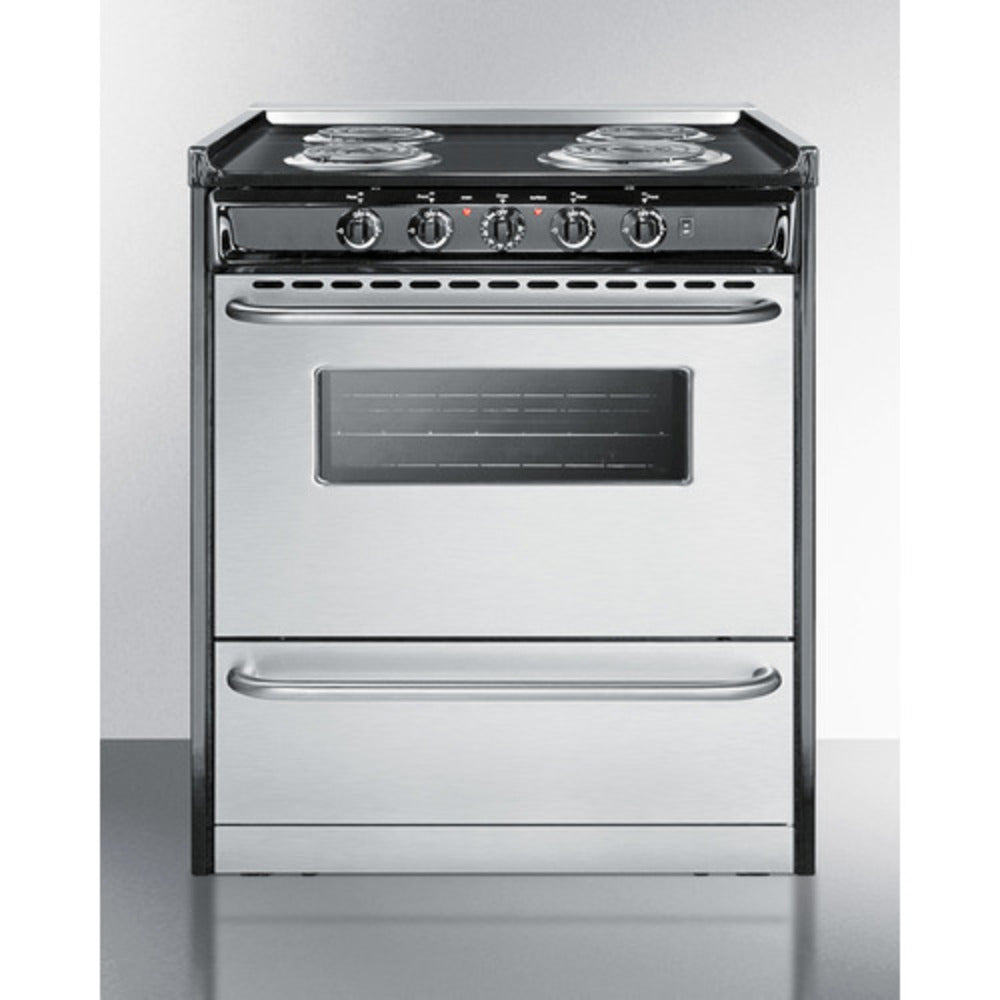 Summit Appliance 30" 220V Stainless Steel/Black Finish 4-Burner Electric Coil Range