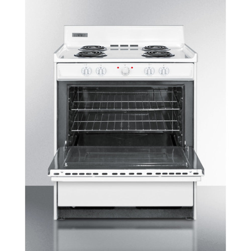 Summit Appliance 30" 220V White Finish 4-Burner Electric Coil Top Range with Backguard