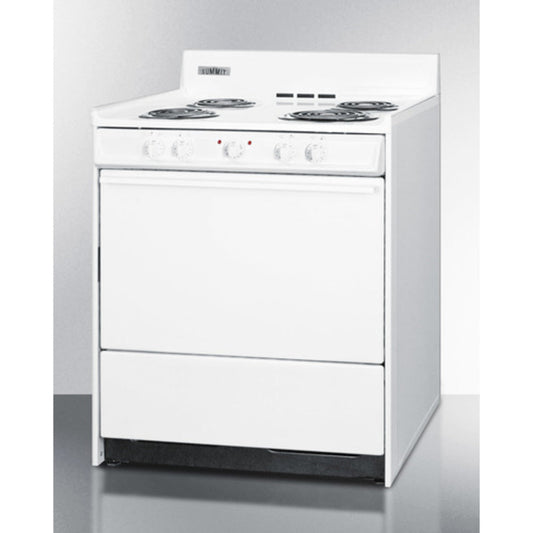 Summit Appliance 30" 220V White Finish 4-Burner Electric Coil Top Range with Backguard