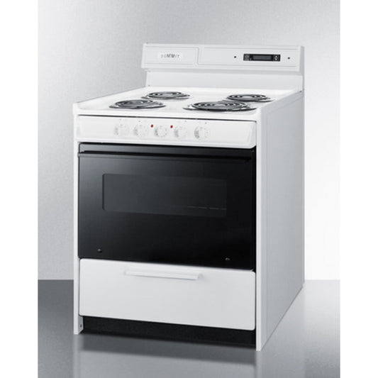 Summit Appliance 30" 220V White Finish 4-Burner Electric Coil Top Range with Deluxe Backguard