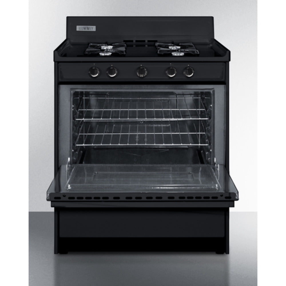 Summit Appliance 30" Black Finish 4-Open Burners Gas Range with Backguard