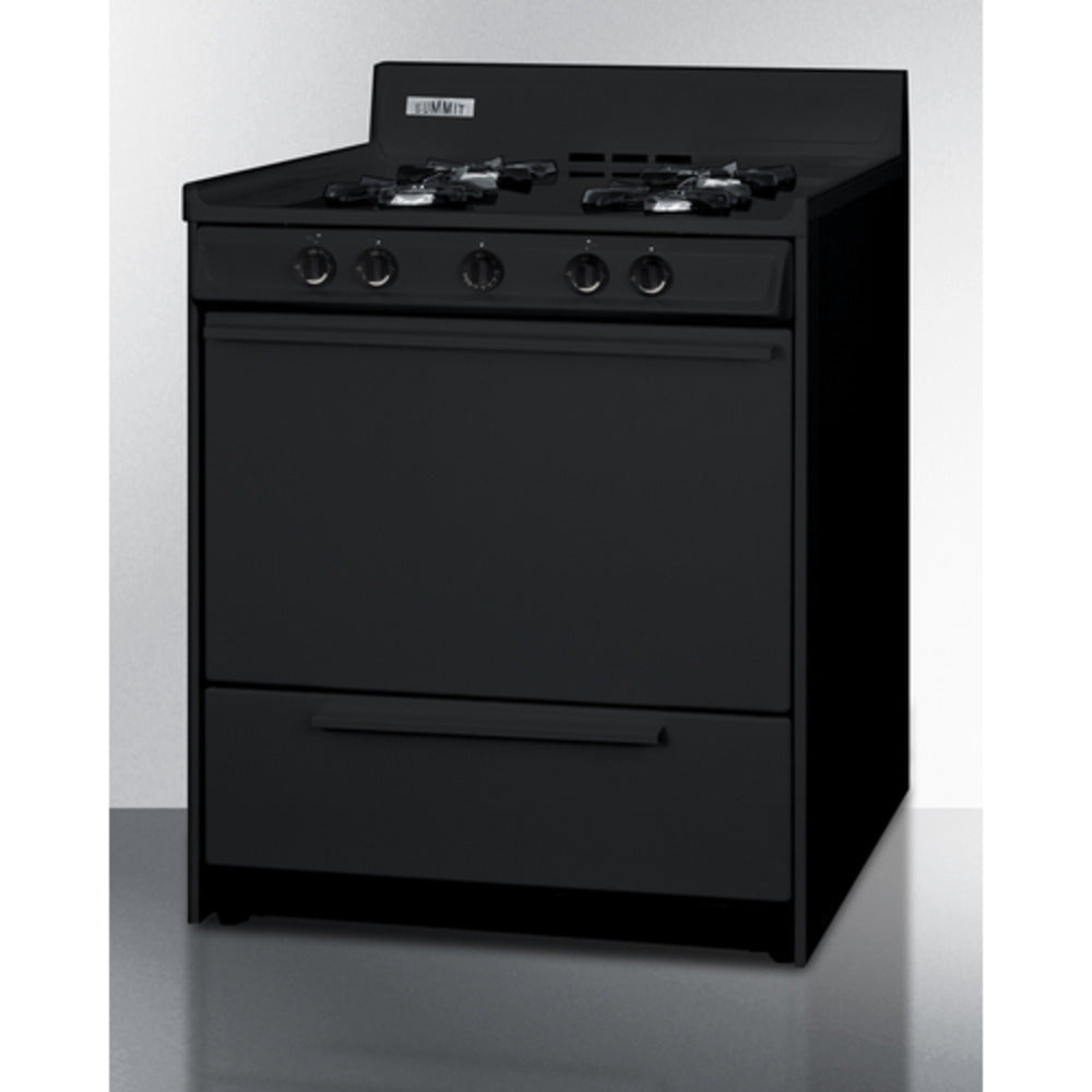 Summit Appliance 30" Black Finish 4-Open Burners Gas Range with Backguard