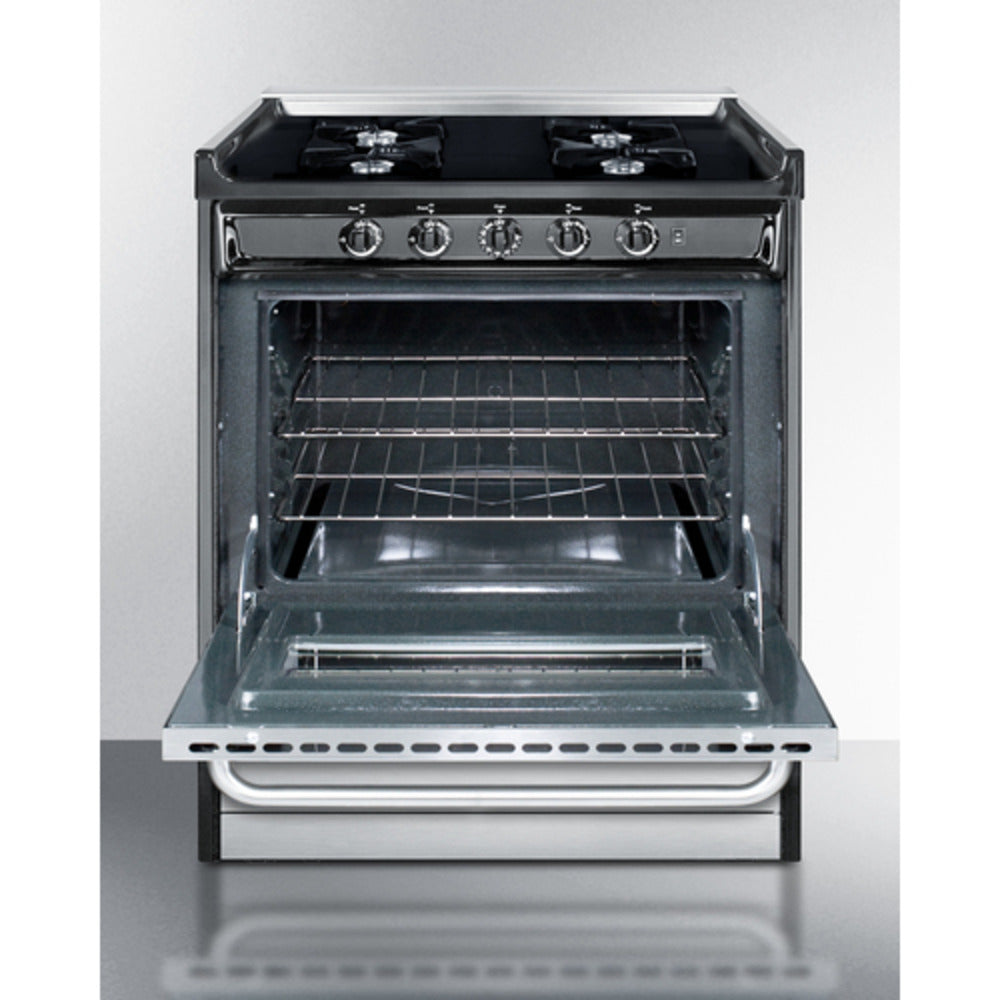 Summit Appliance 30" Stainless Steel/Black Finish 4-Open Burners Gas Range