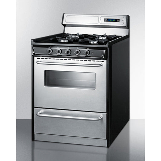 Summit Appliance 30" Stainless Steel/Black Finish 4-Open Burners Gas Range with 8" Backguard