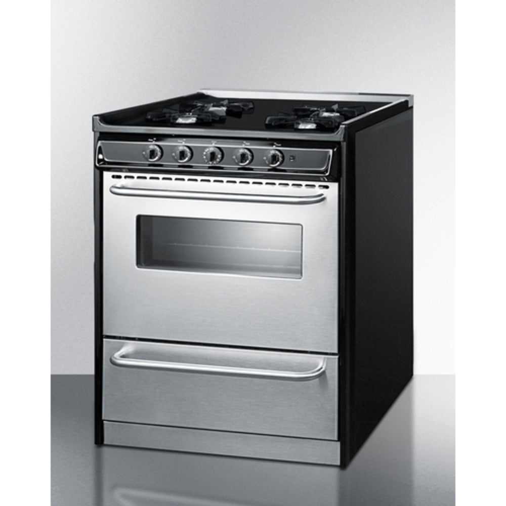 Summit Appliance 30" Stainless Steel/Black Finish 4-Open Burners Gas Range