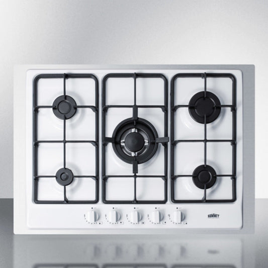Summit Appliance 30" White Finish 5-Burner Gas Cooktop with Stainless Steel Trim