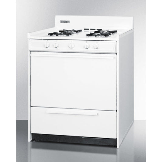 Summit Appliance 30" White Finish Battery Start Ignition Natural Gas Range with Backguard