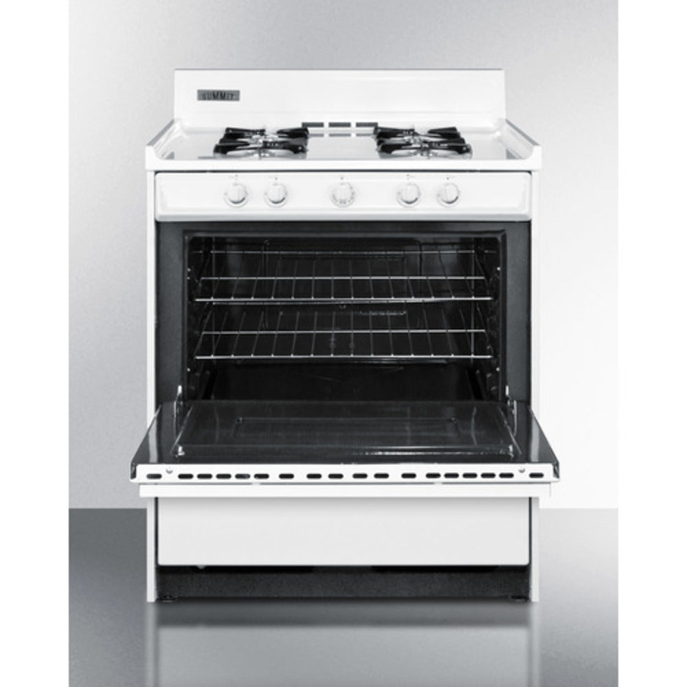 Summit Appliance 30" White Finish Electronic Ignition Natural Gas Range with Backguard