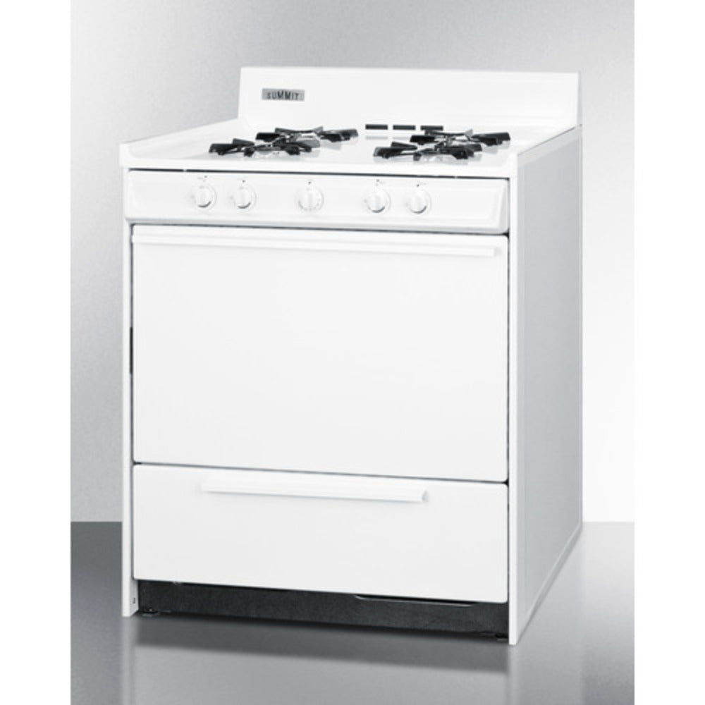 Summit Appliance 30" White Finish Electronic Ignition Natural Gas Range with Backguard