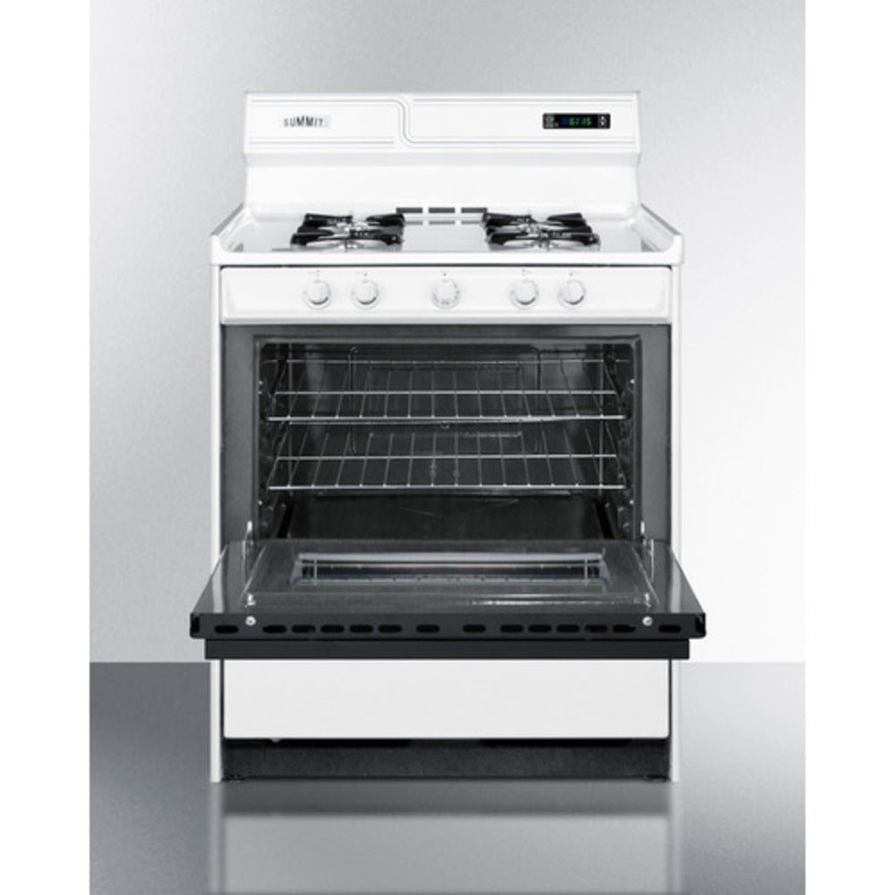 Summit Appliance 30" White Finish Natural Gas Range with 8" Backguard and Black Oven Door Window