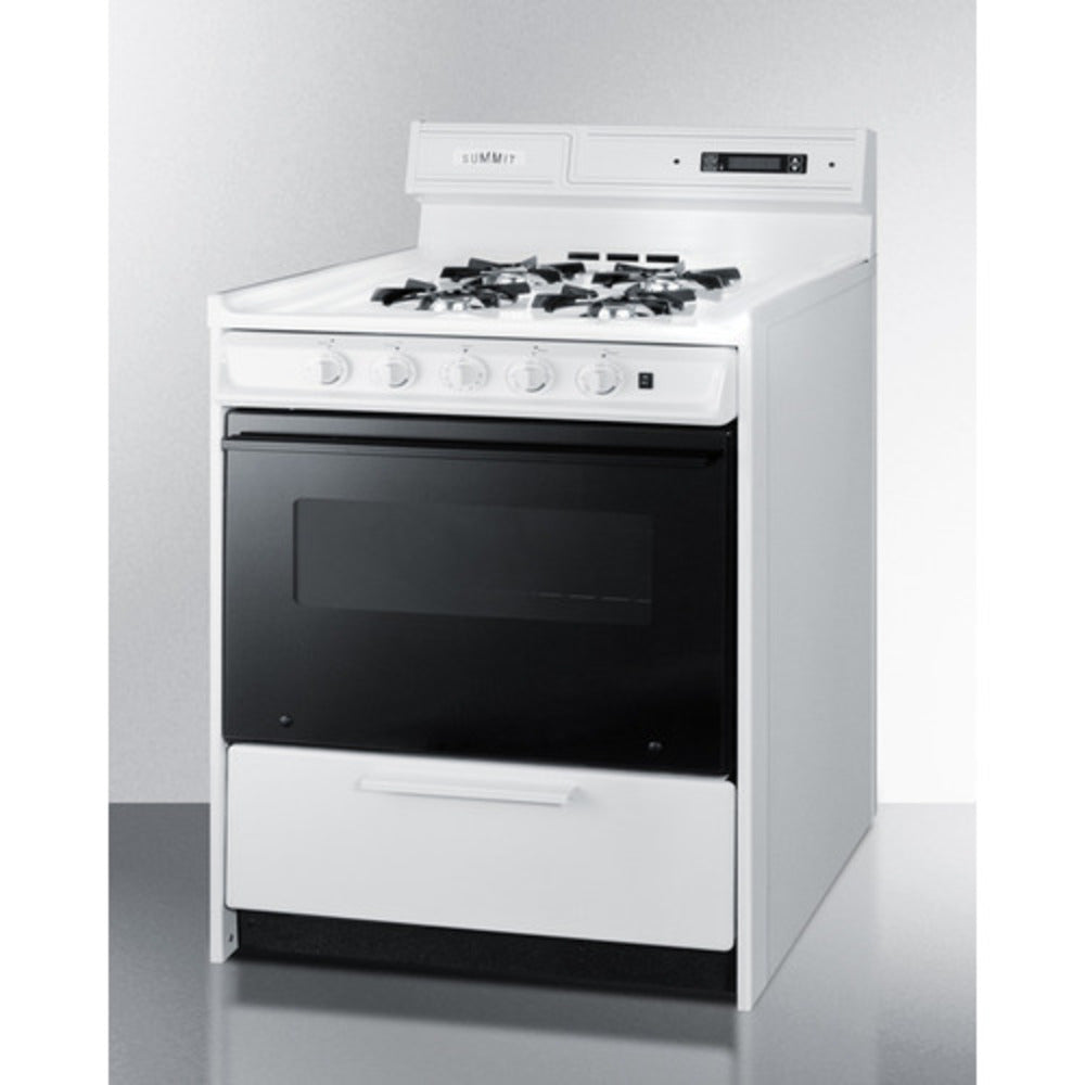 Summit Appliance 30" White Finish Natural Gas Range with 8" Backguard and Black Oven Door Window