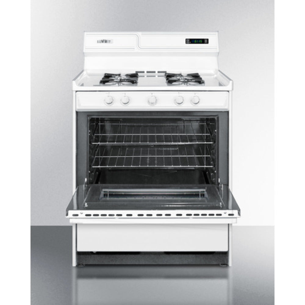 Summit Appliance 30" White Finish Natural Gas Range with 8" Backguard and Oven Door Window