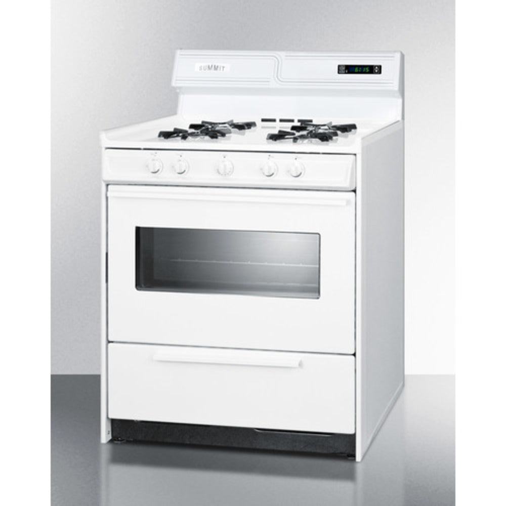 Summit Appliance 30" White Finish Natural Gas Range with 8" Backguard and Oven Door Window