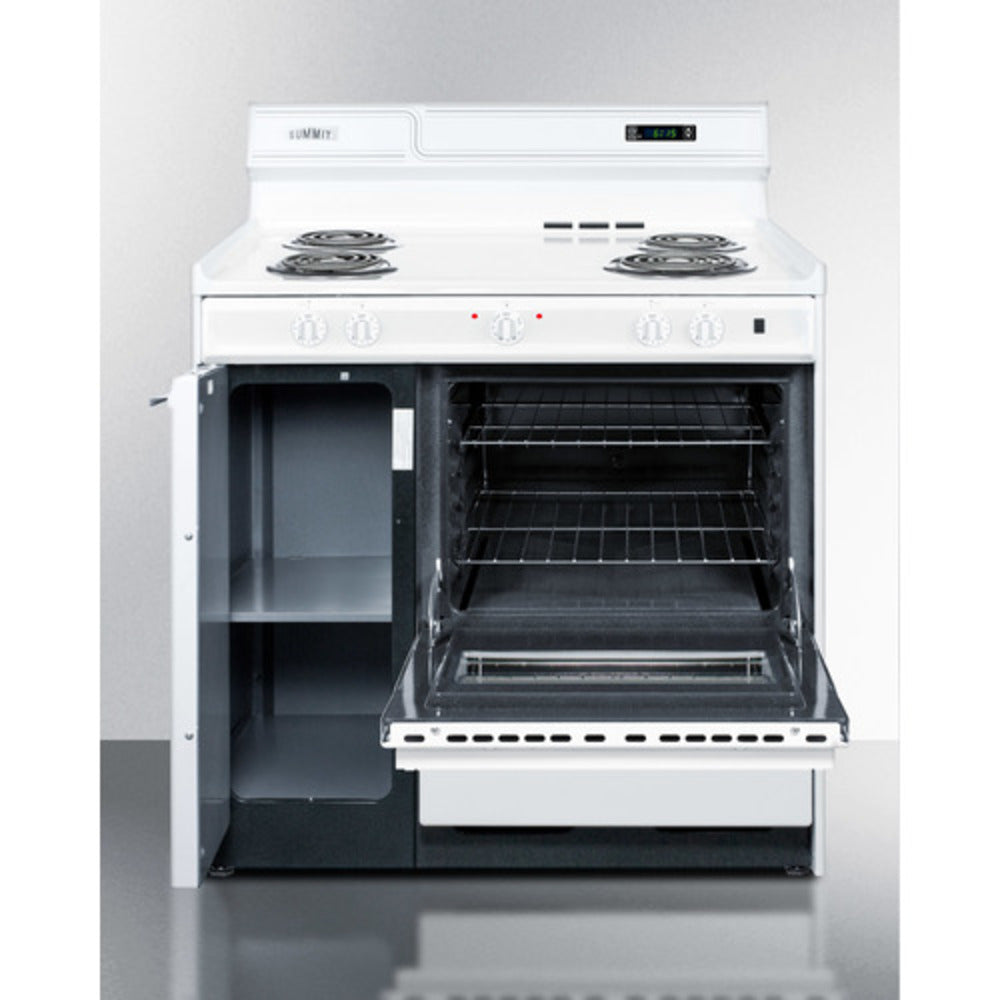 Summit Appliance 36" 220V White Finish 4-Burner Electric Coil Top Range with Storage Compartments and Deluxe Backguard