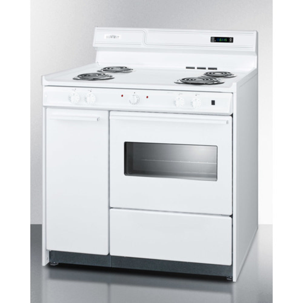 Summit Appliance 36" 220V White Finish 4-Burner Electric Coil Top Range with Storage Compartments and Deluxe Backguard