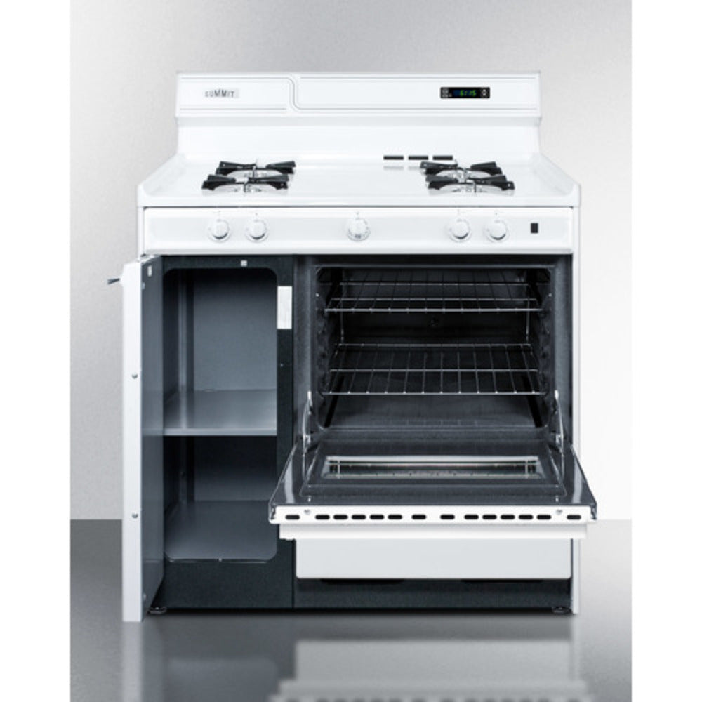 Summit Appliance 36" White Finish Battery Start Ignition Natural Gas Range with Backguard and Oven Door Window