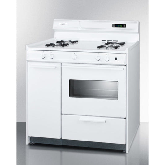 Summit Appliance 36" White Finish Battery Start Ignition Natural Gas Range with Backguard and Oven Door Window