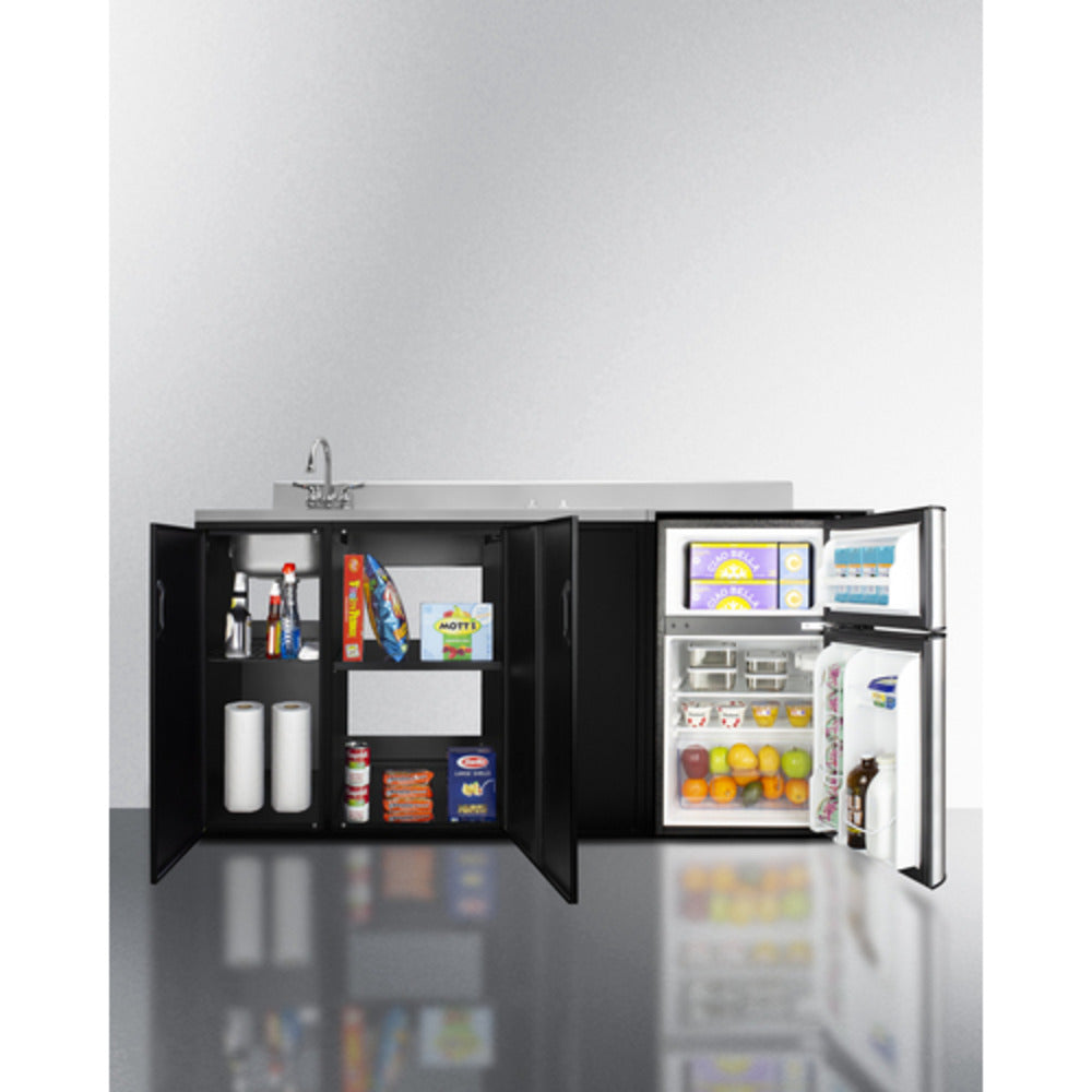 Summit Appliance 72" Stainless Steel/Black Finish All-In-One Kitchenette with Glass Burner and left Side Sink