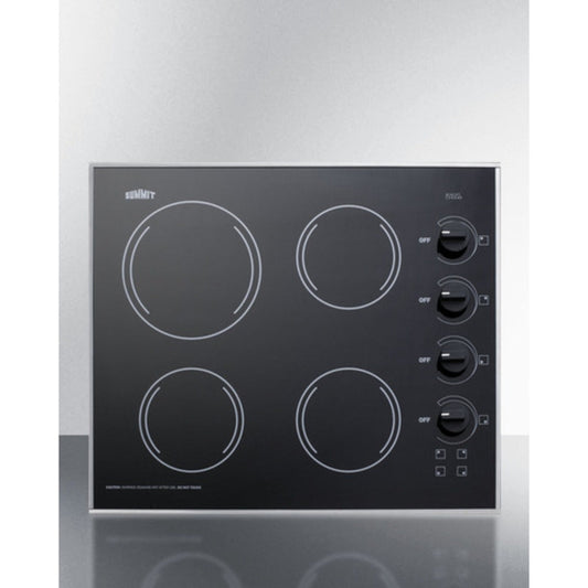 Summit Appliance CR425 24" 230V Stainless Trim/Black Glass Finish 4-Burner Radiant Cooktop