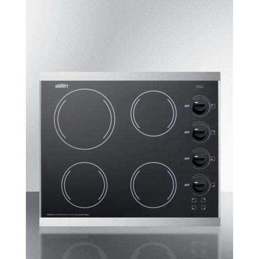 Summit Appliance CRS426 24" 230V Stainless Trim/Black Glass Finish 4-Burner Radiant Cooktop
