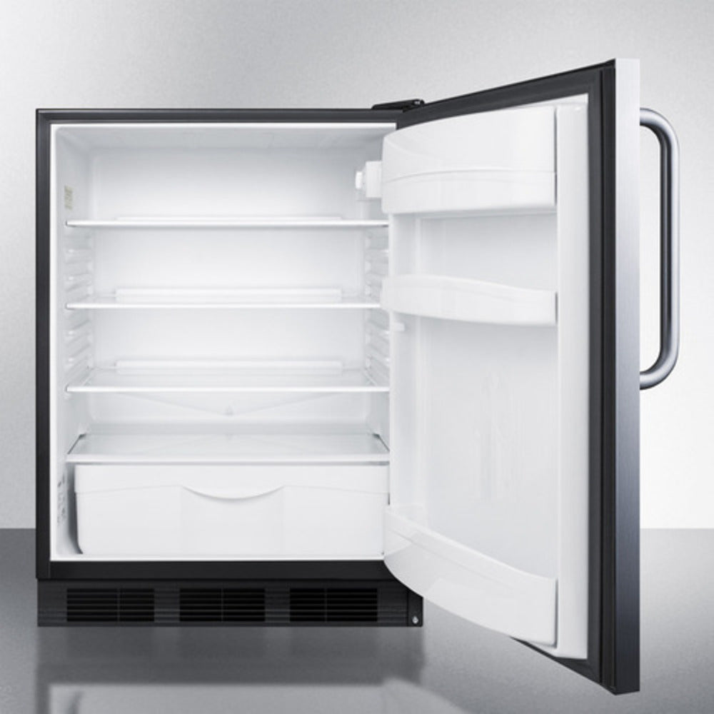 Summit Appliance FF6BI Series 24" Stainless Steel/Black Finish Built-In All-Refrigerator with Towel Bar Handle - NSF-7 and ADA Compliant