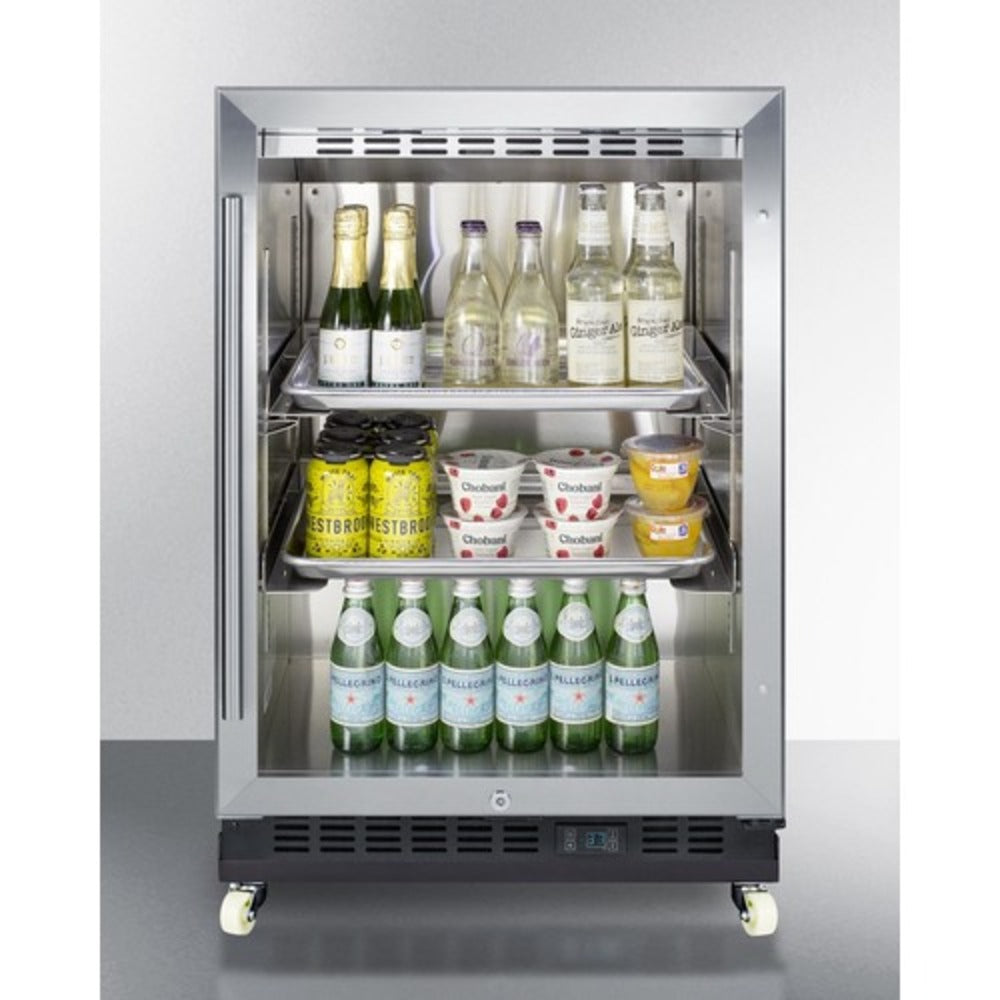 Summit Appliance SCR610 Series 24" Stainless Steel/Black Finish Built-In Mini Reach-In Beverage Center with Glass Door & Dolly