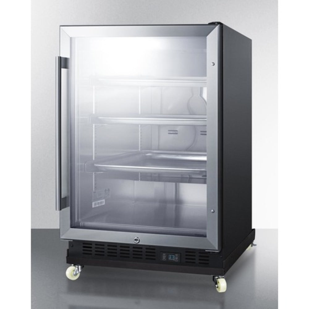 Summit Appliance SCR610 Series 24" Stainless Steel/Black Finish Built-In Mini Reach-In Beverage Center with Glass Door & Dolly