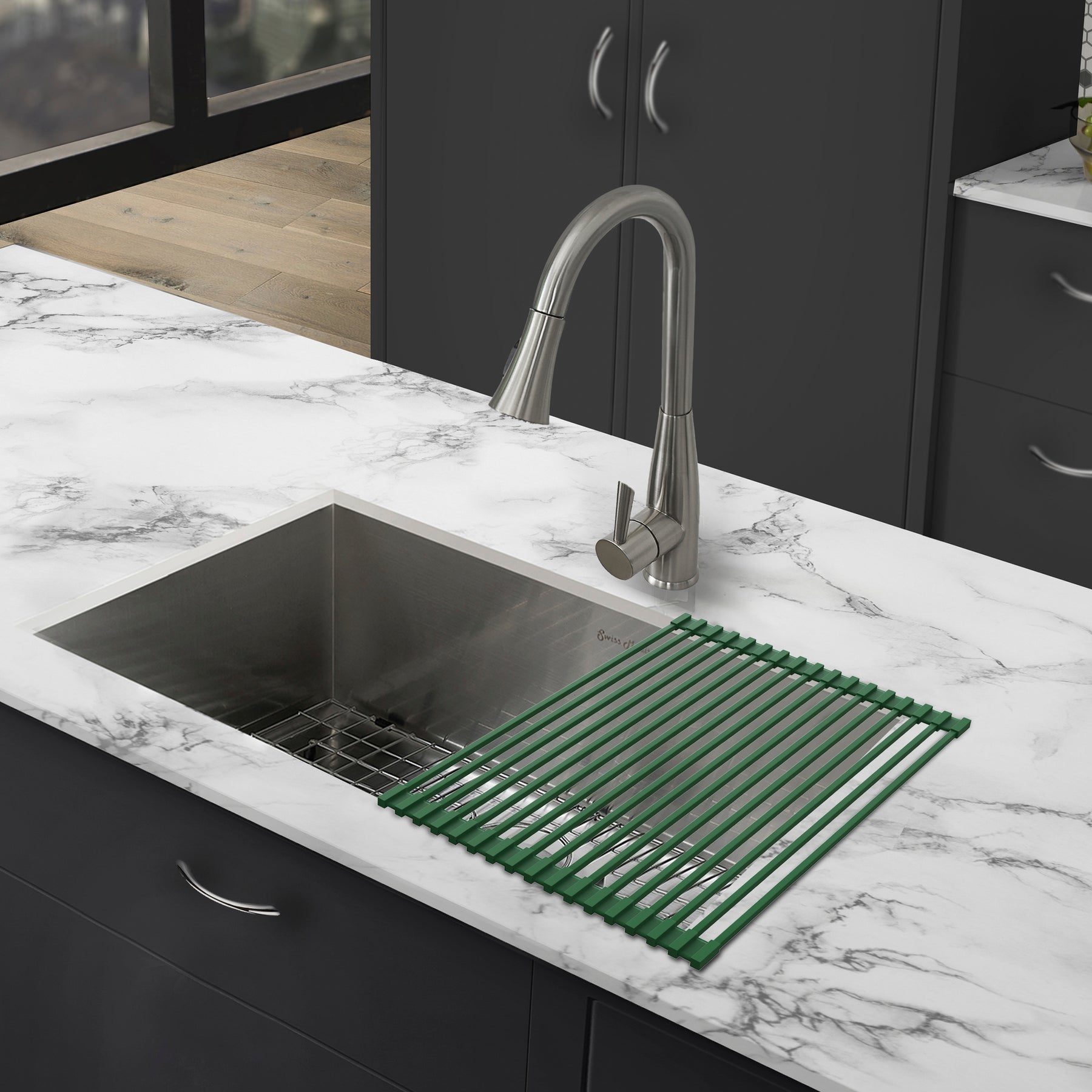 Swiss Madison 17" x 13" Green Silicone Roll Up Kitchen Grid Sink