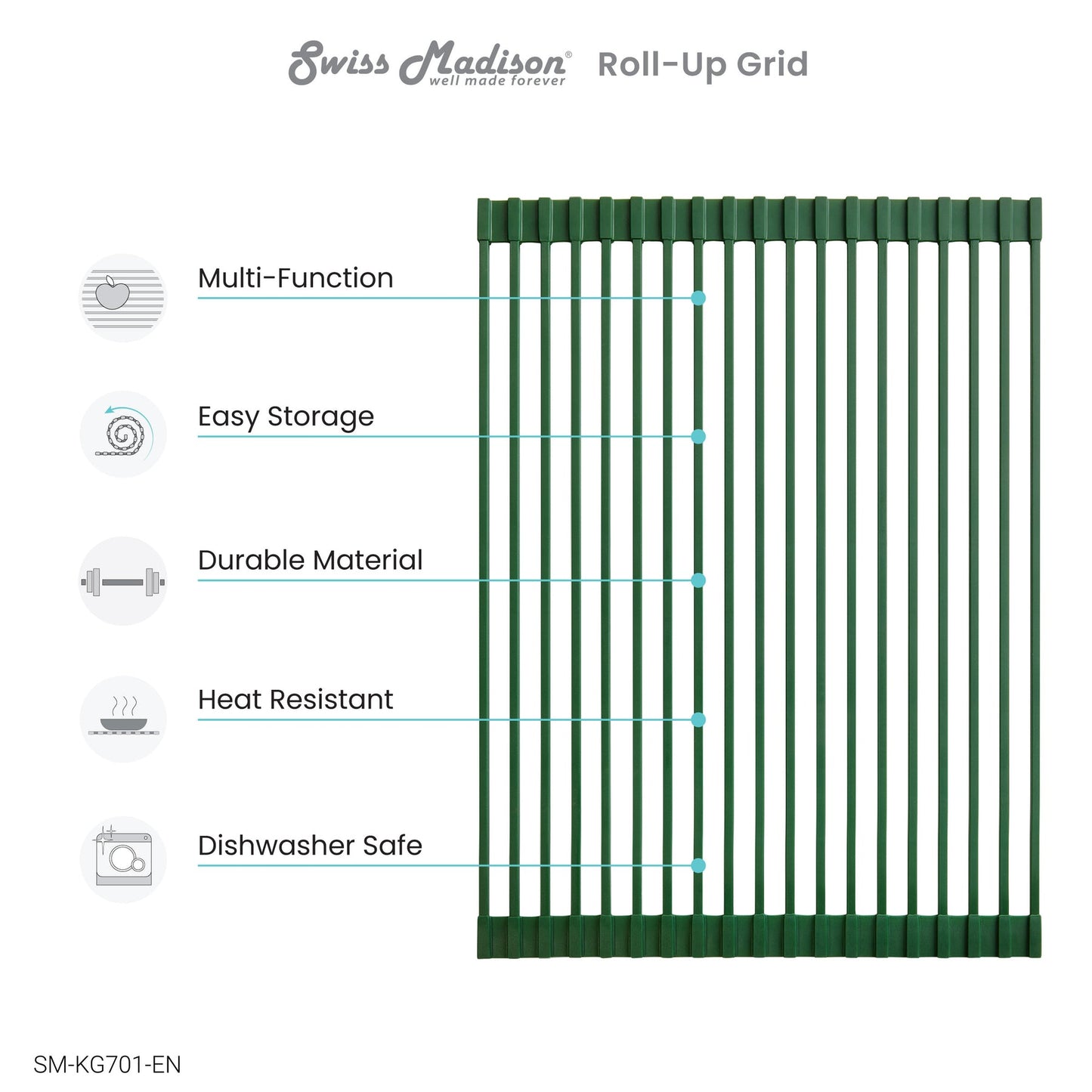 Swiss Madison 17" x 13" Green Silicone Roll Up Kitchen Grid Sink