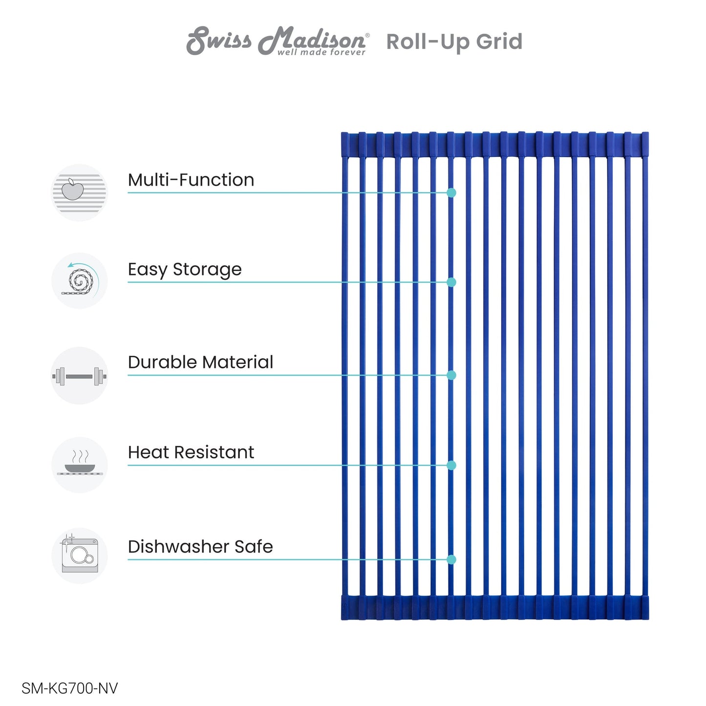 Swiss Madison 21" x 13" Navy Blue Silicone Roll Up Kitchen Grid Sink