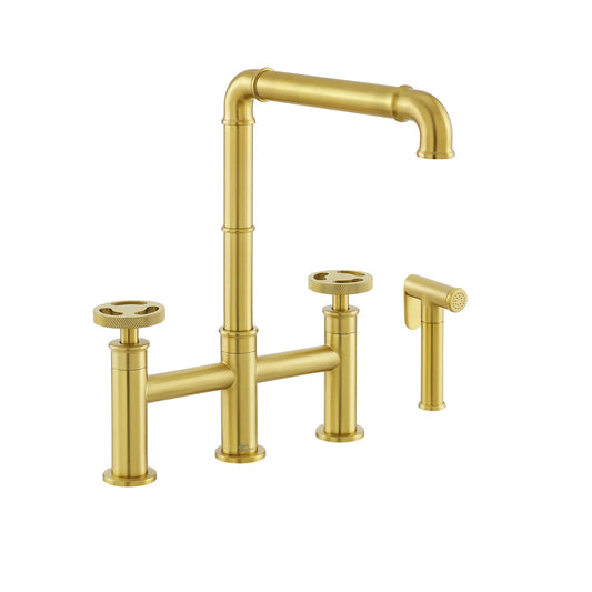 Swiss Madison Avallon Pro 8" Four Hole Brushed Gold Bridge Kitchen Faucet With Side Sprayer
