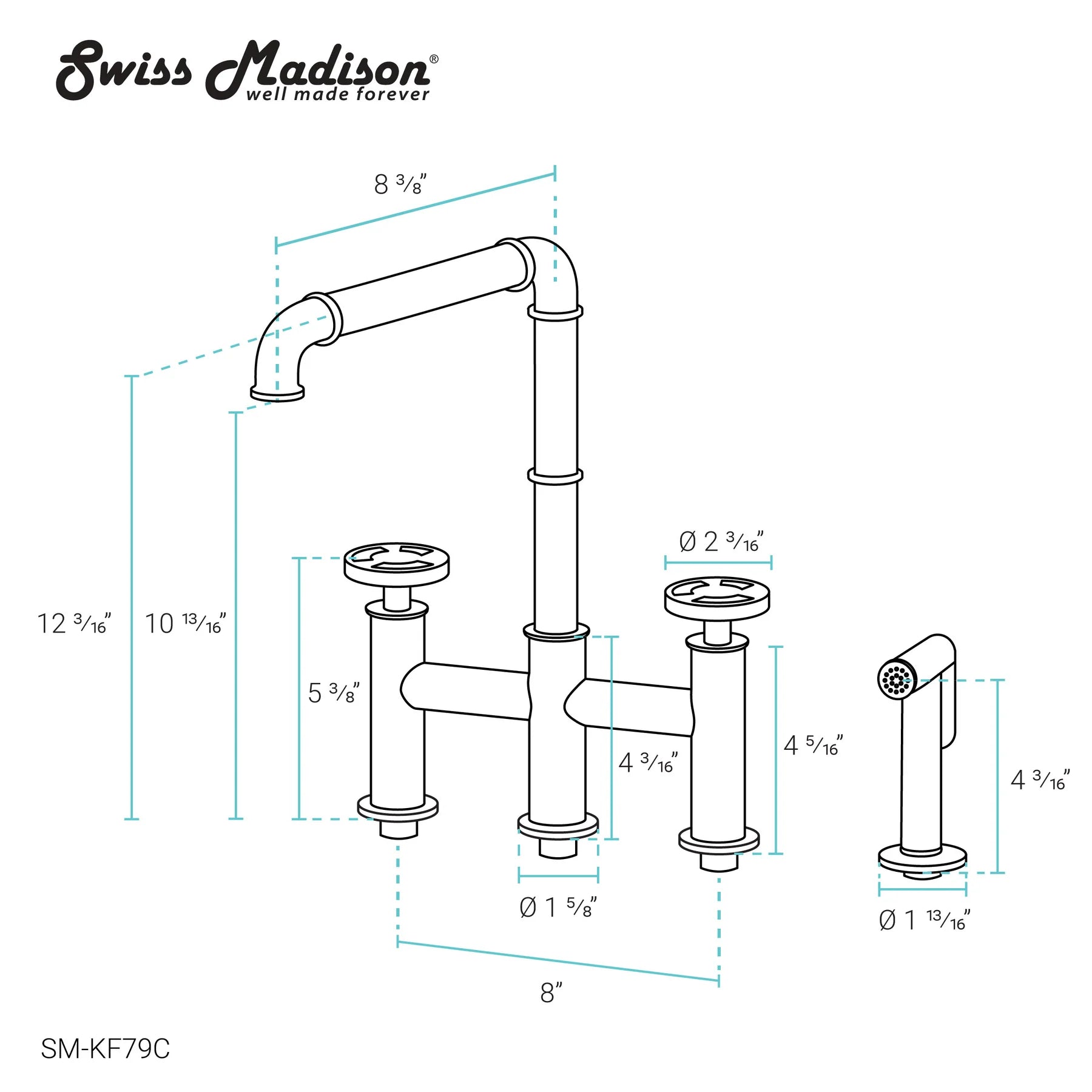 Swiss Madison Avallon Pro 8" Four Hole Chrome Bridge Kitchen Faucet With Side Sprayer