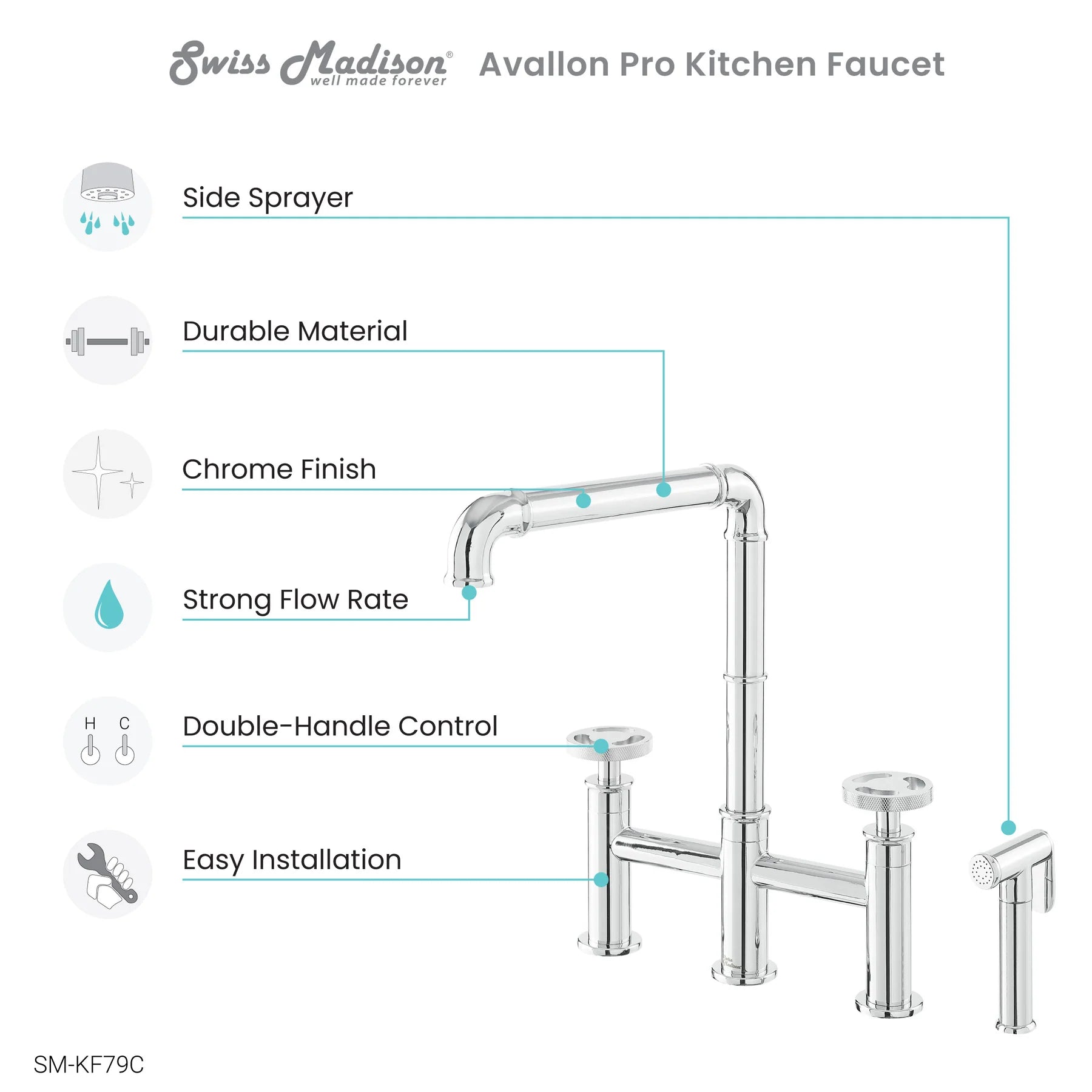 Swiss Madison Avallon Pro 8" Four Hole Chrome Bridge Kitchen Faucet With Side Sprayer