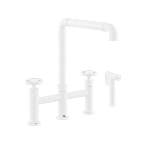 Swiss Madison Avallon Pro 8" Four Hole Matte White Bridge Kitchen Faucet With Side Sprayer