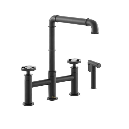 Swiss Madison Avallon Pro 8" Four Matte Black Bridge Kitchen Faucet With Side Sprayer