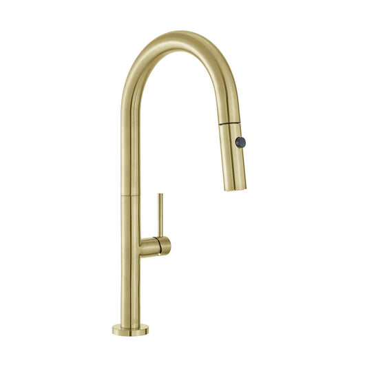 Swiss Madison Chalet 17" Single Handle Brushed Gold Kitchen Faucet With 360 Swivel and Pull-Out Spray