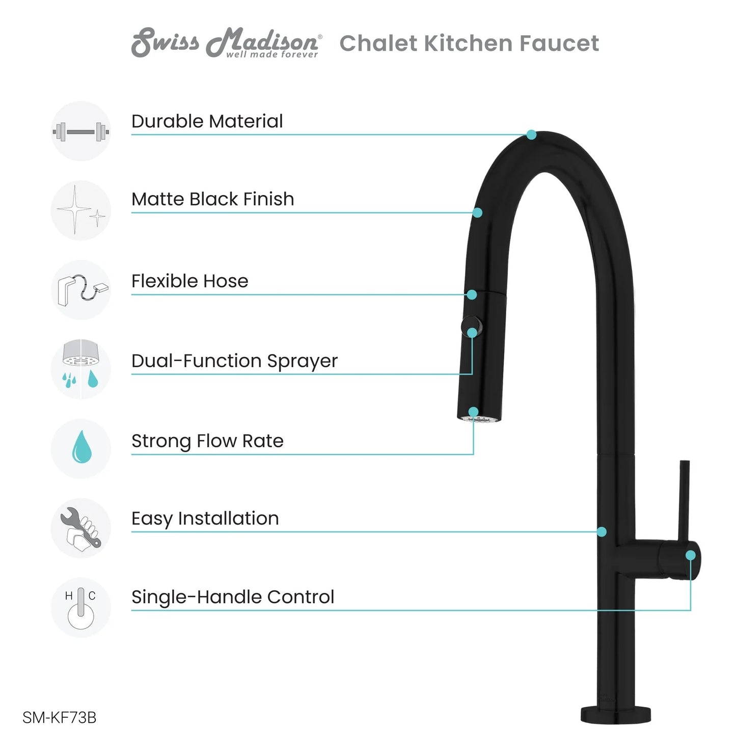 Swiss Madison Chalet 17" Single Handle Matte Black Kitchen Faucet With 360 Swivel and Pull-Out Spray