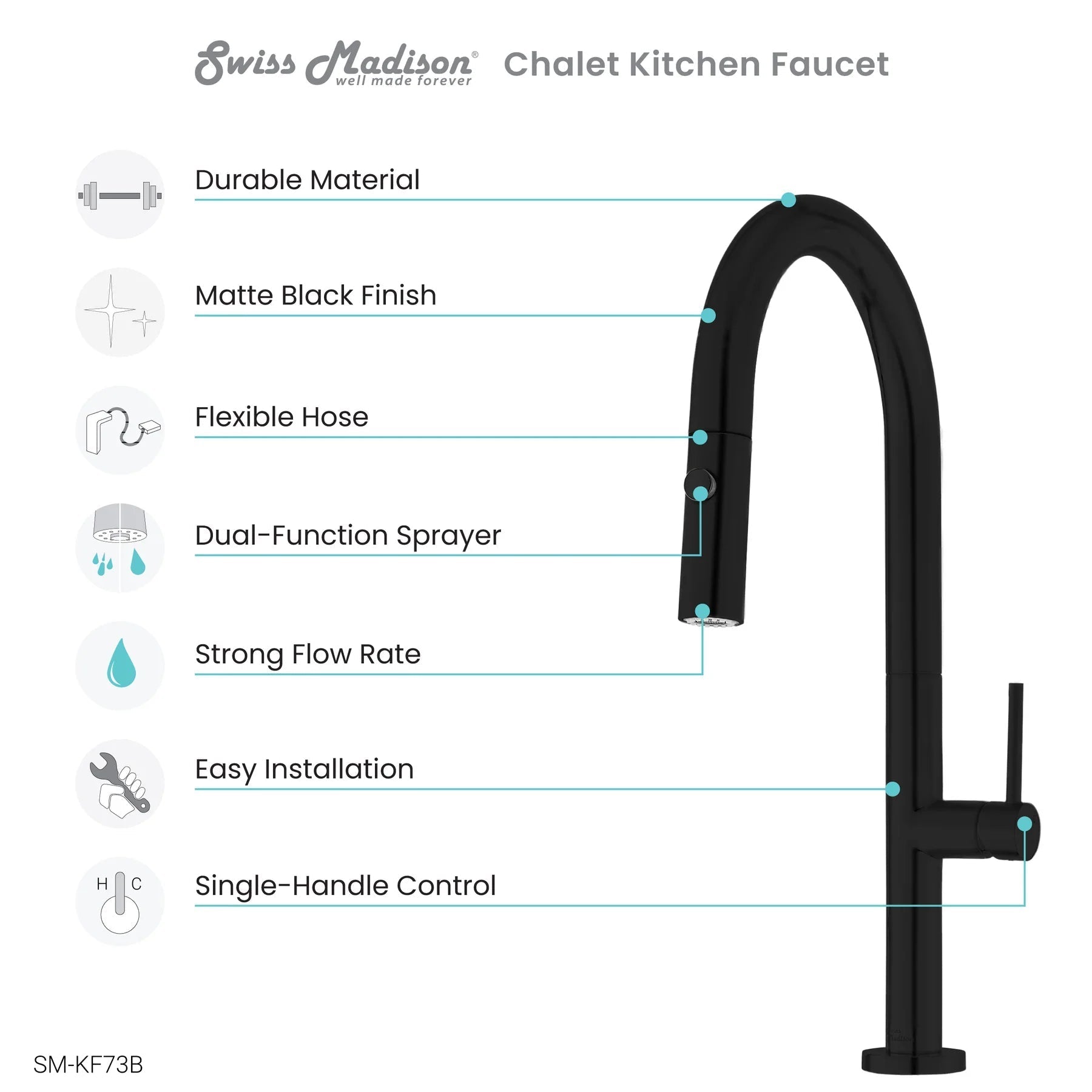 Swiss Madison Chalet 17" Single Handle Matte Black Kitchen Faucet With 360 Swivel and Pull-Out Spray