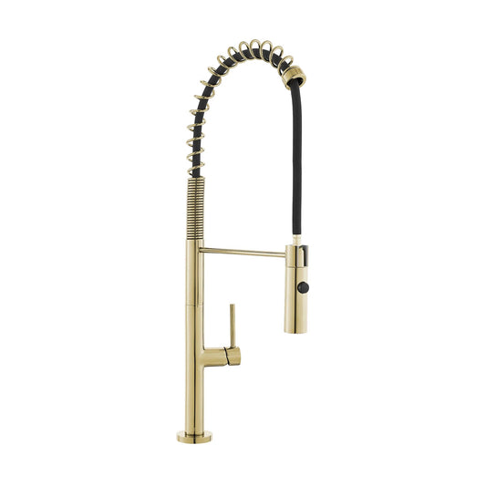 Swiss Madison Chalet 22" Single Handle Brushed Gold Kitchen Faucet With 360 Swivel and Pull-Out Spray