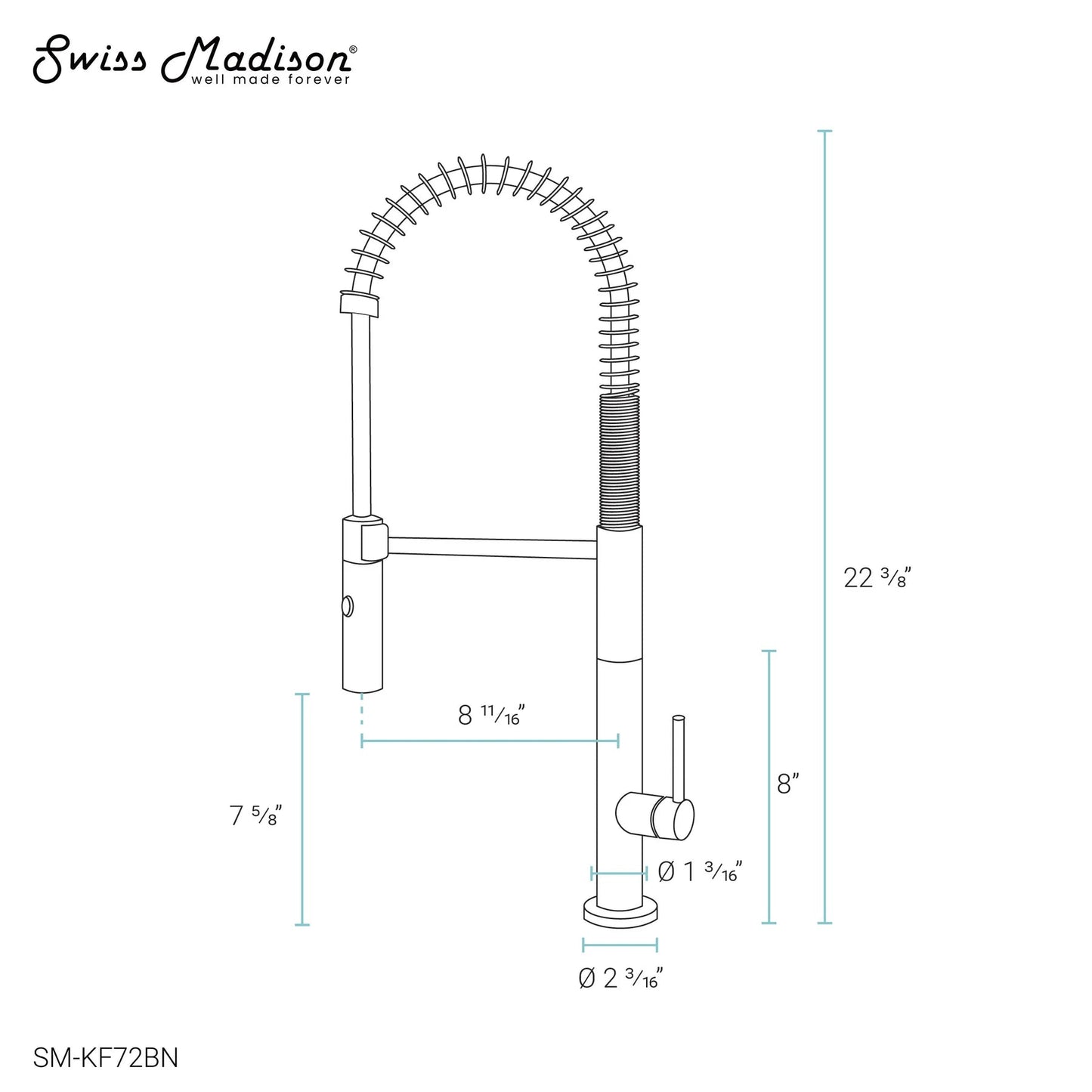 Swiss Madison Chalet 22" Single Handle Brushed Nickel Kitchen Faucet With 360 Swivel and Pull-Out Spray