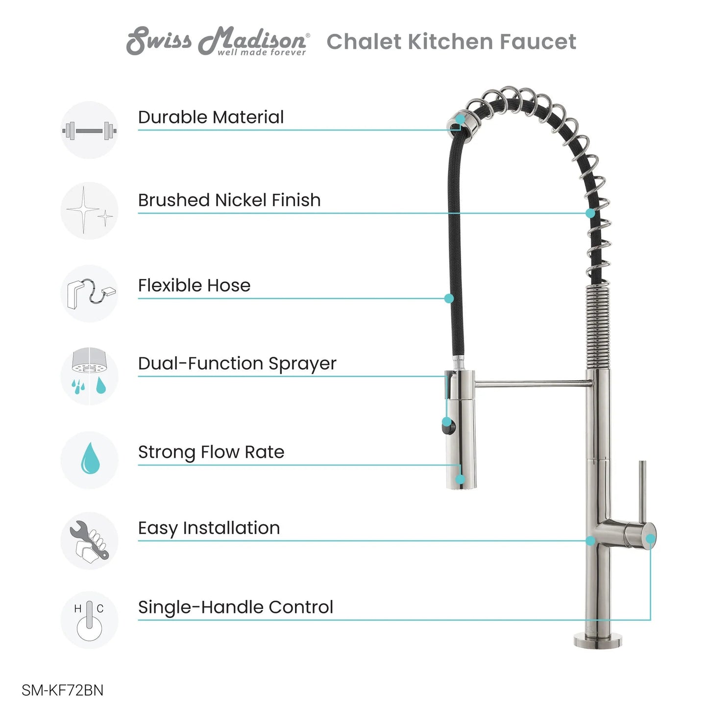 Swiss Madison Chalet 22" Single Handle Brushed Nickel Kitchen Faucet With 360 Swivel and Pull-Out Spray