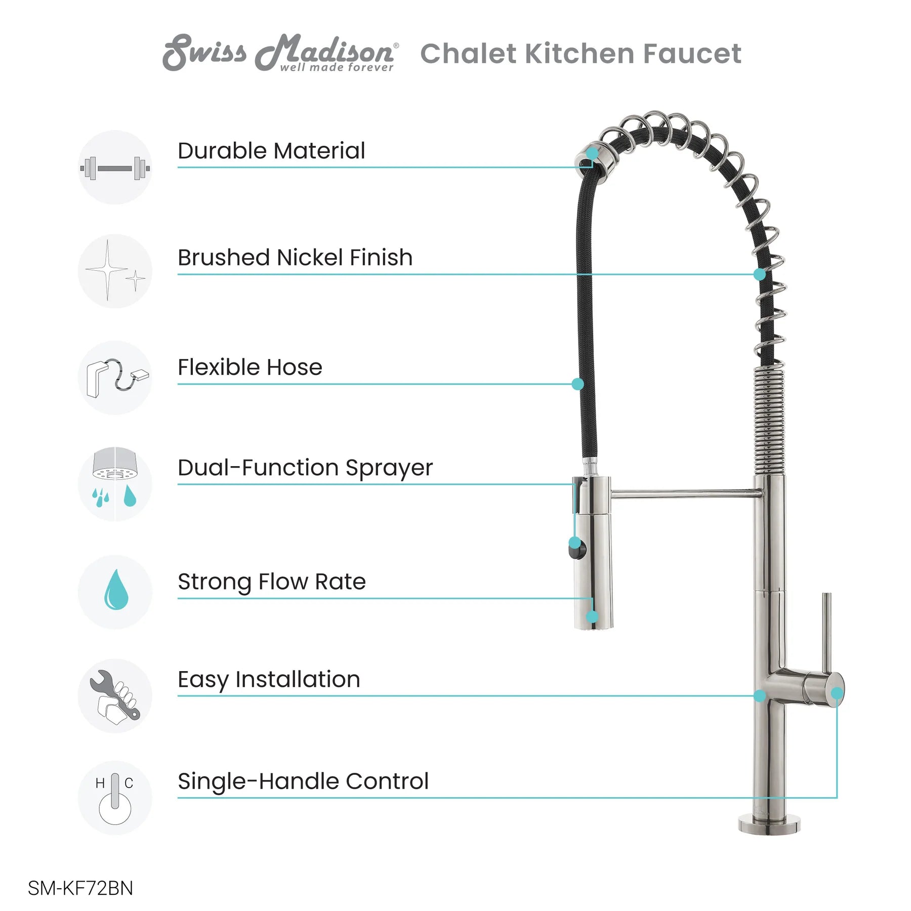 Swiss Madison Chalet 22" Single Handle Brushed Nickel Kitchen Faucet With 360 Swivel and Pull-Out Spray